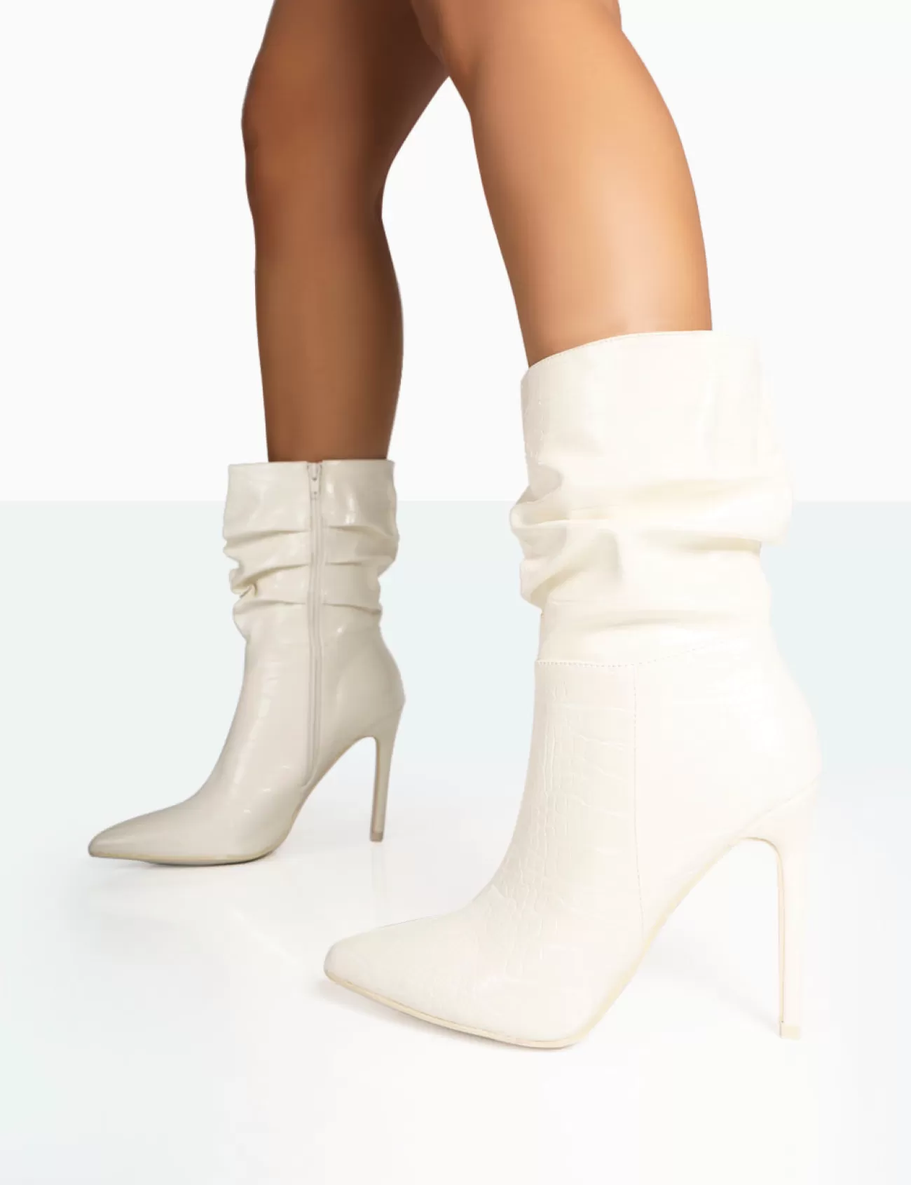 Public Desire Zurich Patent Croc Stiletto Ankle Pointed Heeled Boots Ecru Discount